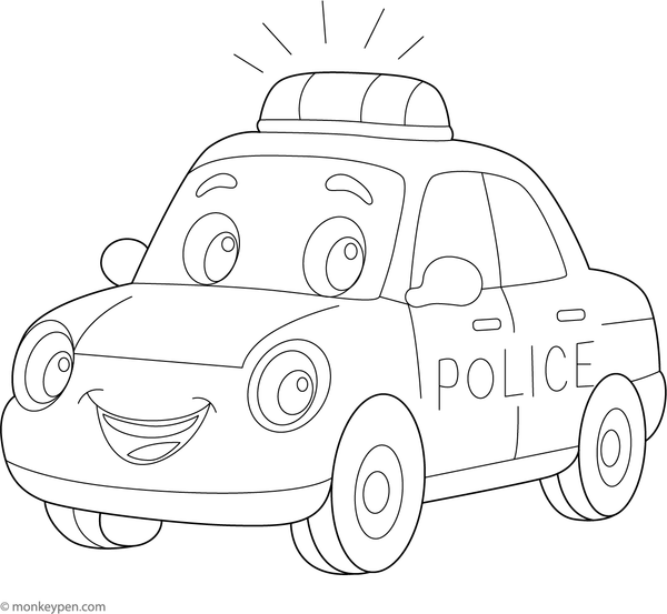 Cartoon police vehicle coloring page with friendly features designed for children to color.