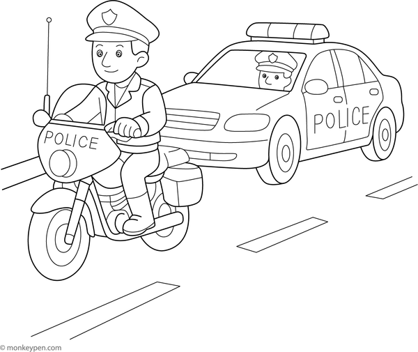 Police motorcycle alongside a police patrol car coloring page for children interested in vehicles.