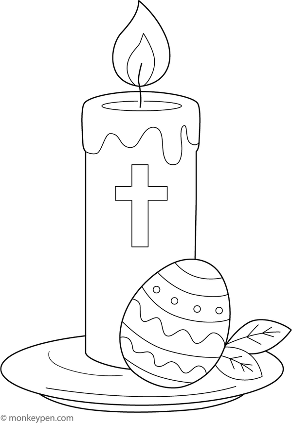 Decorative Easter candle with patterns and flowers on a printable coloring page for children.