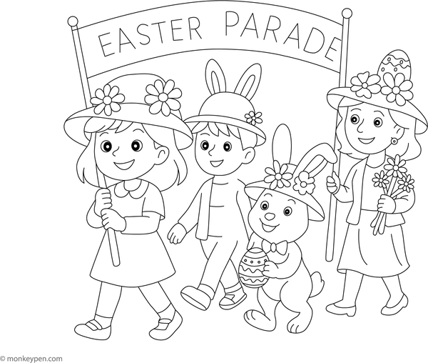 Children participating in an Easter parade with baskets and festive decorations on a coloring page.