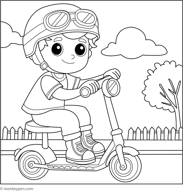 Printable coloring page of a boy riding a scooter with helmet and goggles for children to color.