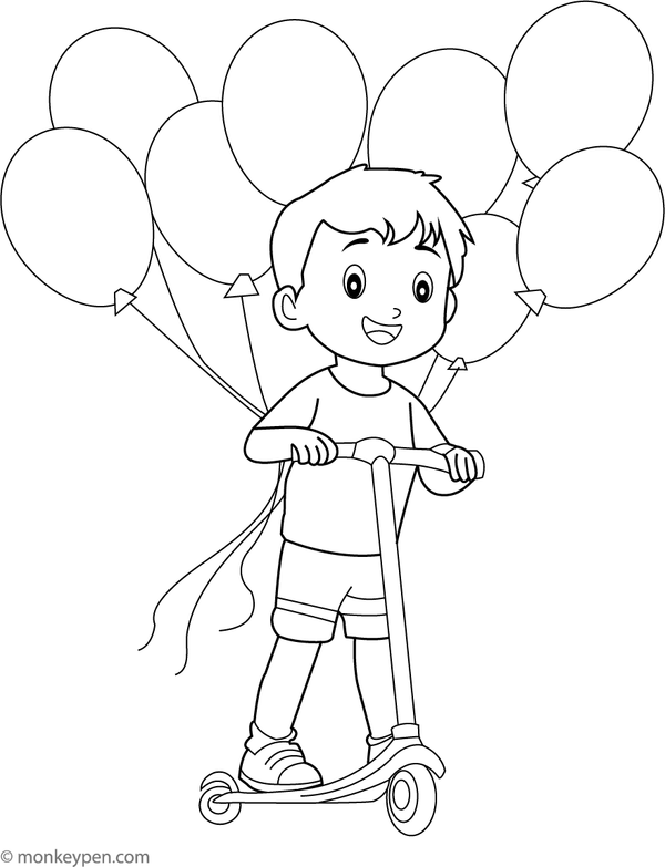 Coloring page of a scooter with balloons attached to the handle for children to color.