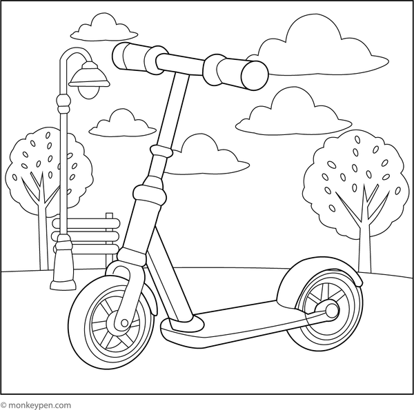 Traditional kick scooter with oversized wheels, simple coloring page for children.