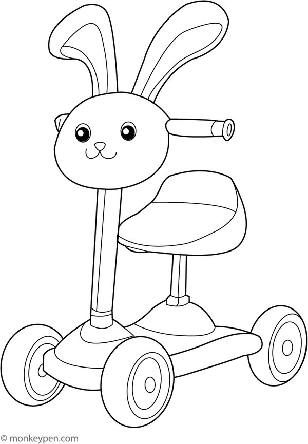 Coloring page of a three-wheel toddler scooter with a friendly animal face on the front. Suitable for young children.