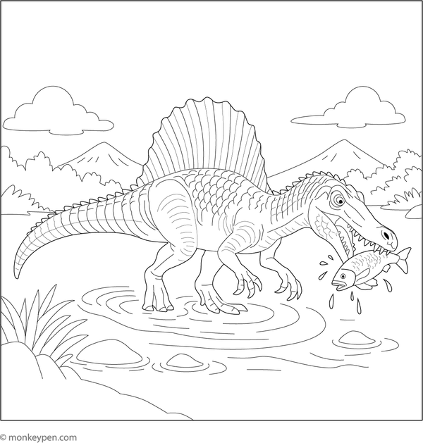 Spinosaurus coloring page showing the dinosaur catching fish in a shallow river.