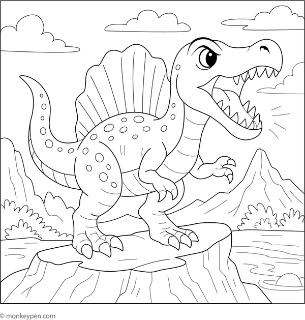 Spinosaurus standing on a rocky cliff, roaring loudly into the sky.