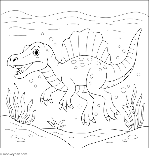 Spinosaurus coloring page illustrating the dinosaur swimming beneath the water with fish and aquatic plants.