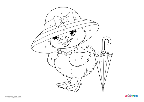 A downloadable color-by-number PDF showing a cheerful duck wearing a hat; a free printable activity that helps kids learn numbers and colors through fun, farm-themed coloring.