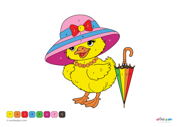 A downloadable color-by-number PDF showing a cheerful duck wearing a hat; a free printable activity that helps kids learn numbers and colors through fun, farm-themed coloring.