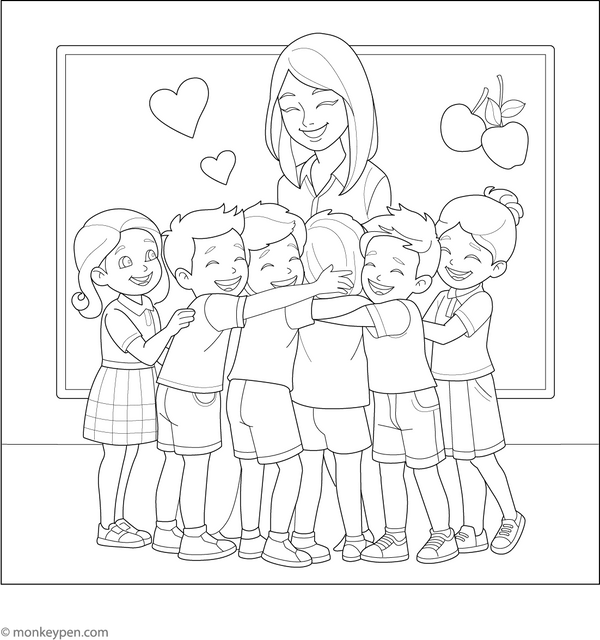 Kids Hugging Teacher Coloring Page