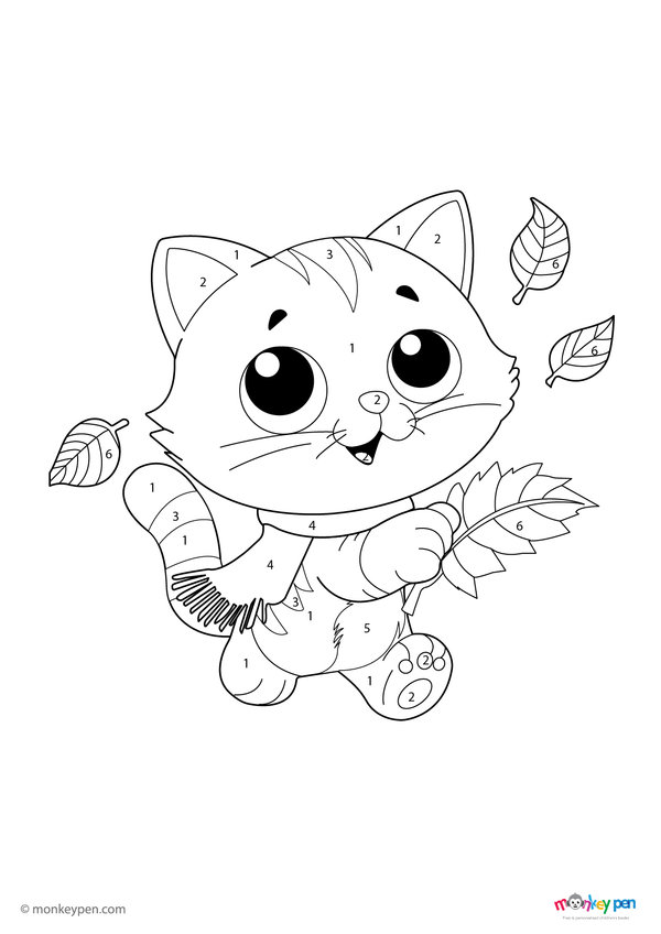 A downloadable color-by-number PDF featuring a cute, curious cat with big eyes and a swishing tail; a free printable coloring activity designed to build number skills and spark creativity in kids.