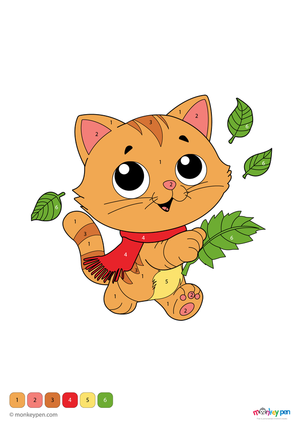 A downloadable color-by-number PDF featuring a cute, curious cat with big eyes and a swishing tail; a free printable coloring activity designed to build number skills and spark creativity in kids.