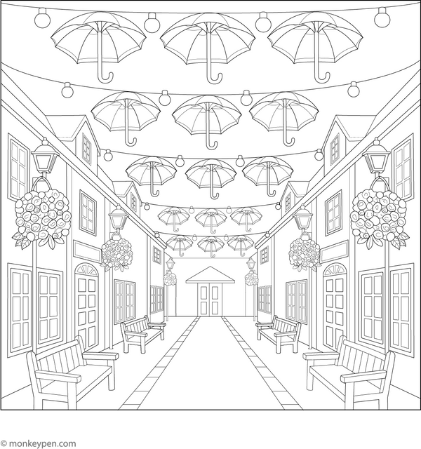 Umbrella Street Coloring Page