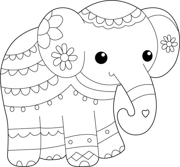 Decorated Elephant Coloring Page – printable animal drawing for children