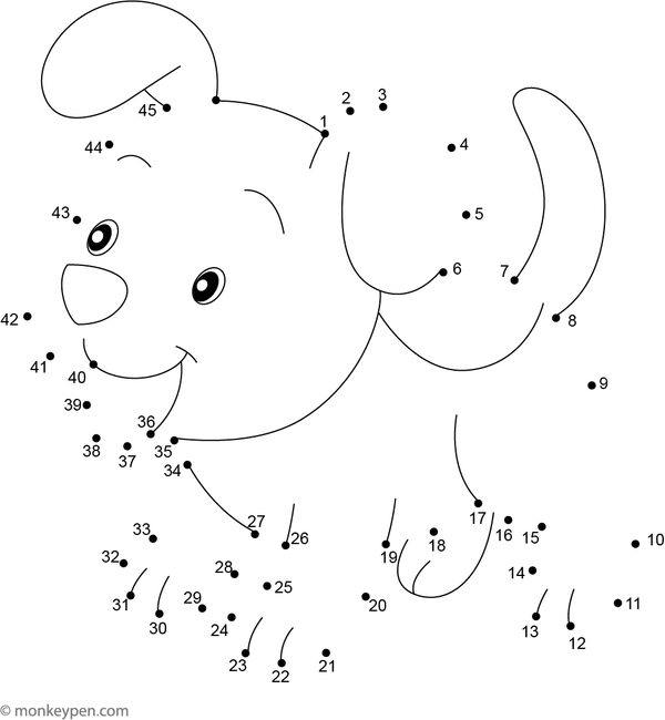 Printable dot to dot worksheet of a cartoon puppy with floppy ears, designed for children to connect and color.