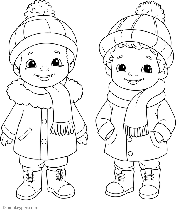 Kids in Winter Costume Coloring Page
