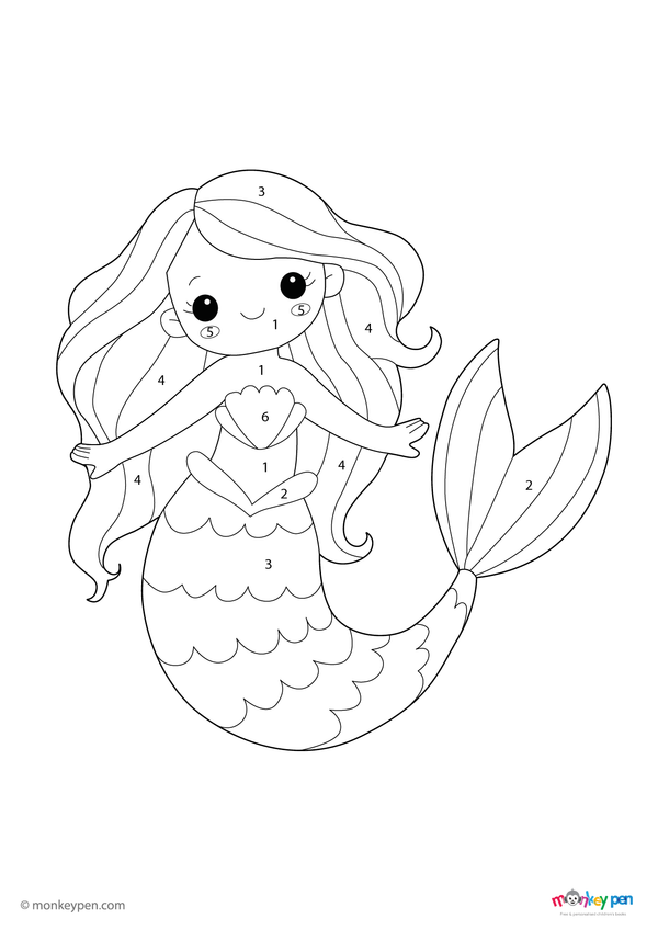 A free downloadable mermaid color-by-number activity sheet featuring a magical underwater scene with a mermaid, seashells, and fish—ideal for kids learning numbers through creative ocean-themed coloring.