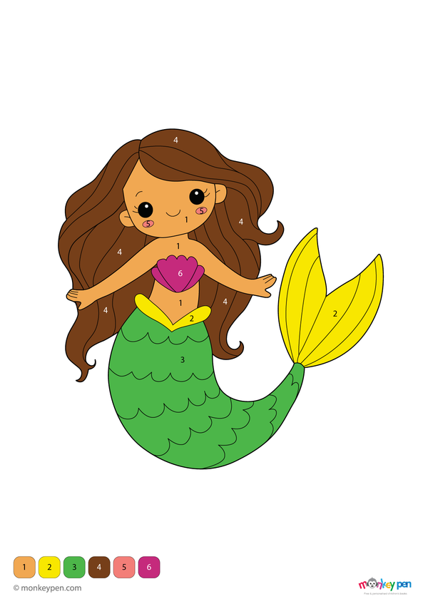 A free downloadable mermaid color-by-number activity sheet featuring a magical underwater scene with a mermaid, seashells, and fish—ideal for kids learning numbers through creative ocean-themed coloring.
