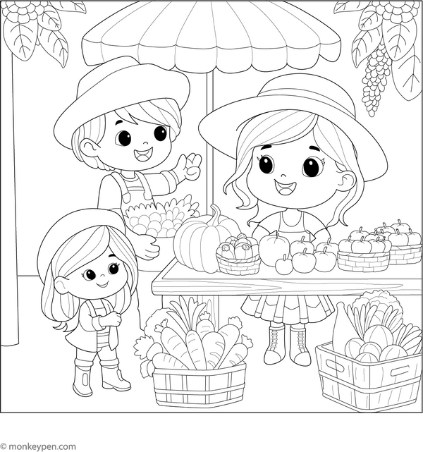 Farmers in Market Coloring Page – fun and educational printable for children