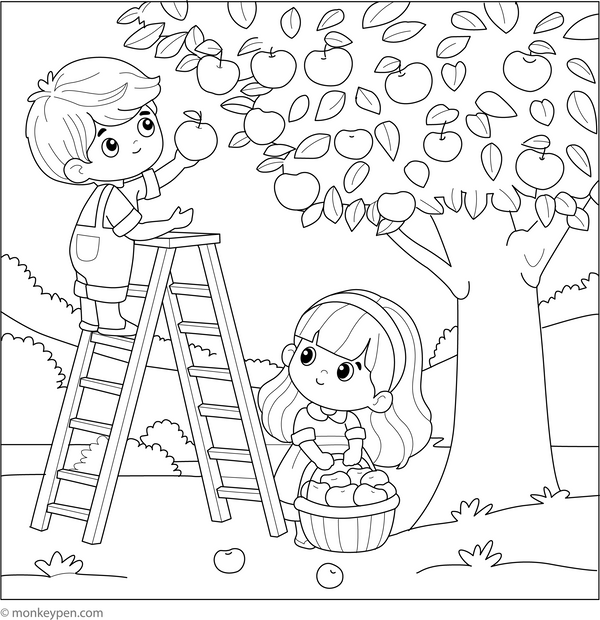 Kids Plucking Apples Coloring Page