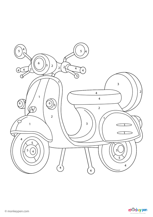 Free downloadable scooter color-by-number PDF for kids featuring a fun transportation scene with numbered sections on the wheels, frame, and handlebars—perfect for practicing numbers and colors while coloring.