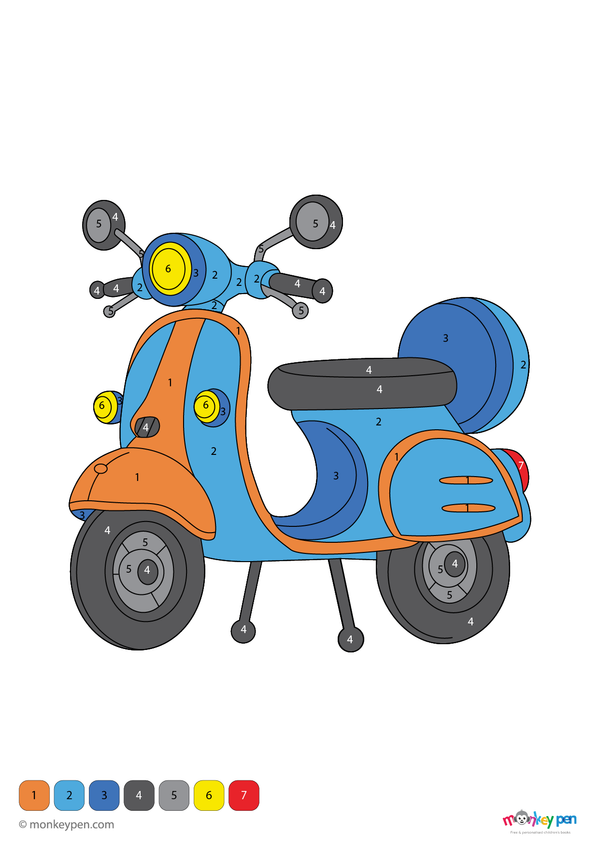 Free downloadable scooter color-by-number PDF for kids featuring a fun transportation scene with numbered sections on the wheels, frame, and handlebars—perfect for practicing numbers and colors while coloring.