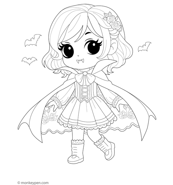 Cute Girl Vampire Coloring Page – fun and educational printable for children