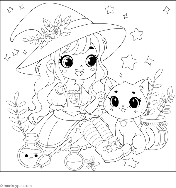 Cute Girl Witch Coloring Page – fun and educational printable for children