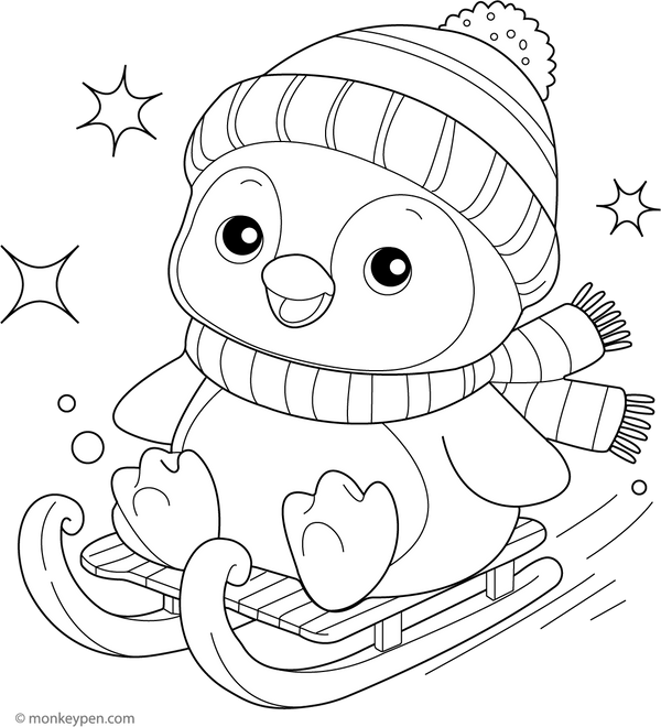 Cute Sledding Penguin Coloring Page