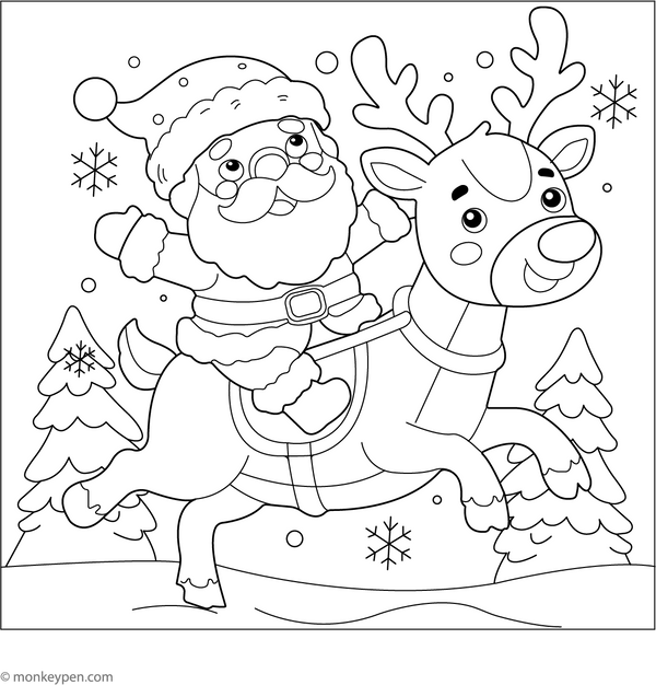 Santa Riding Reindeer Coloring Page – fun and educational printable for children