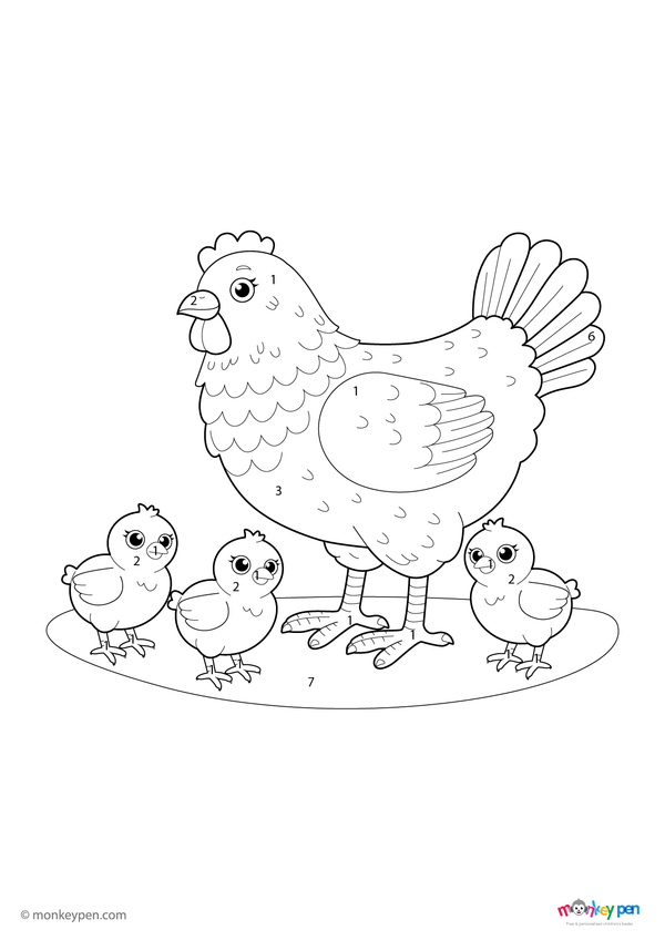 A free downloadable color by number PDF featuring a hen and her chicks—perfect for preschoolers to learn numbers while enjoying a fun farm animal coloring activity.