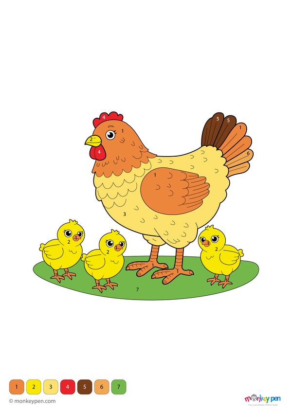 A free downloadable color by number PDF featuring a hen and her chicks—perfect for preschoolers to learn numbers while enjoying a fun farm animal coloring activity.