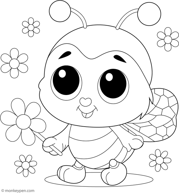 Cartoon Bee and Flowers Coloring Page – transportation-themed printable for kids