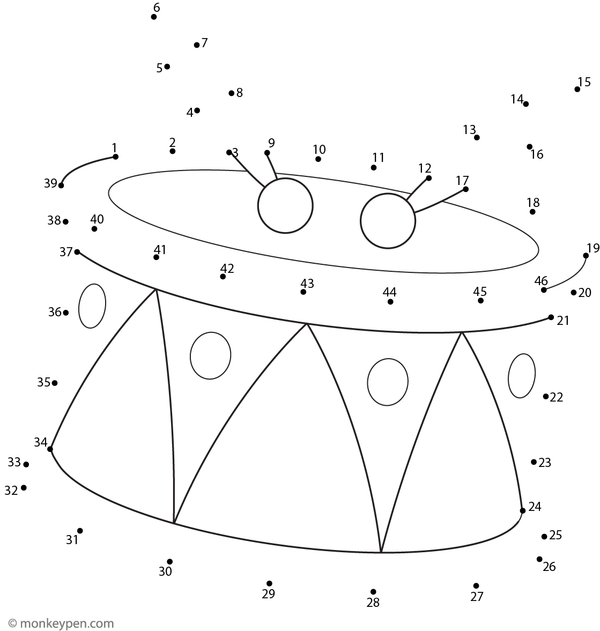 Music-themed dot-to-dot activity of a cartoon drum with drumsticks for children to connect and color.