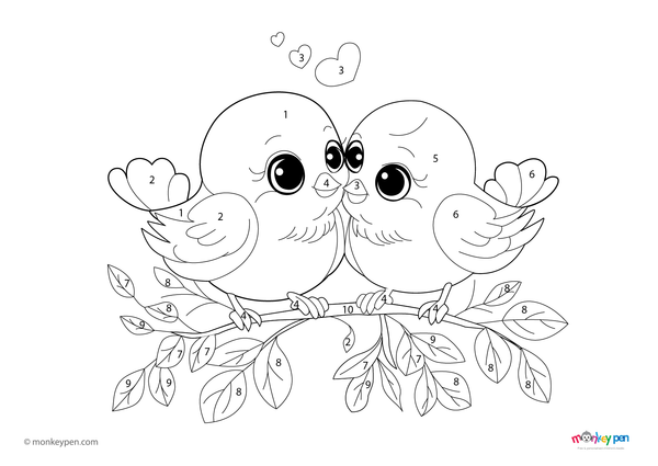 Love birds color by number worksheet featuring two birds with flowers and hearts, available as a free printable PDF download for kids who enjoy peaceful, nature-themed coloring fun.