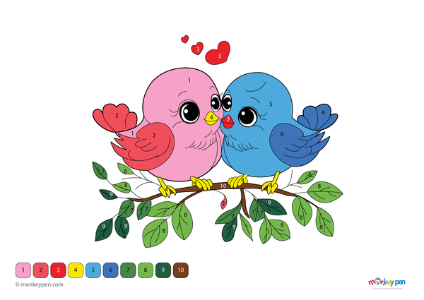 Love birds color by number worksheet featuring two birds with flowers and hearts, available as a free printable PDF download for kids who enjoy peaceful, nature-themed coloring fun.