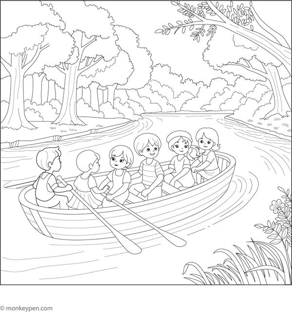 Children Enjoying Boat Ride Coloring Page  – fun and educational printable for children