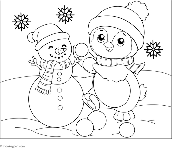 Penguin Making a Snowman Coloring Page