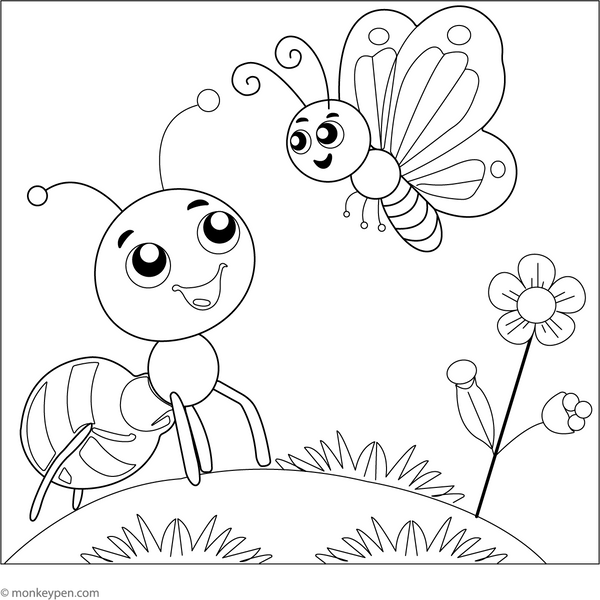 Ant and the Butterfly Coloring Page