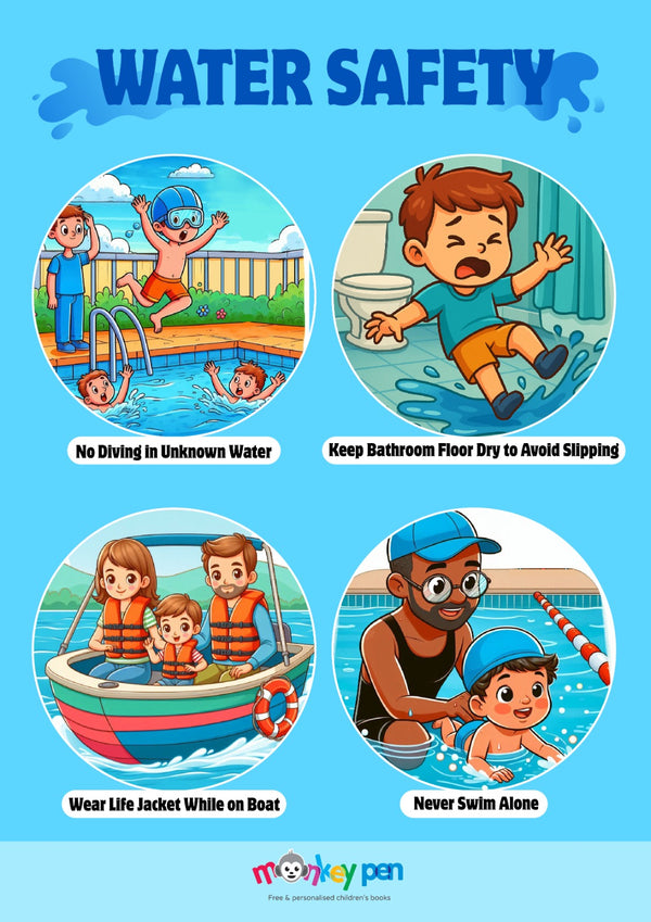 Illustrated poster showing children practicing water safety rules, including wearing life jackets and swimming with supervision etc