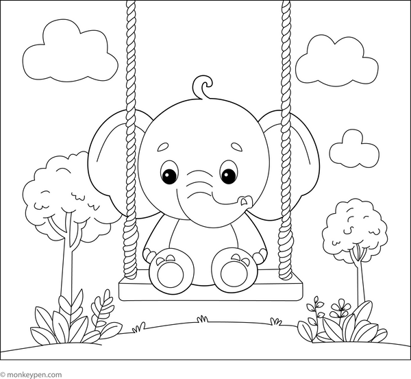 Baby Elephant on Swing Coloring Page