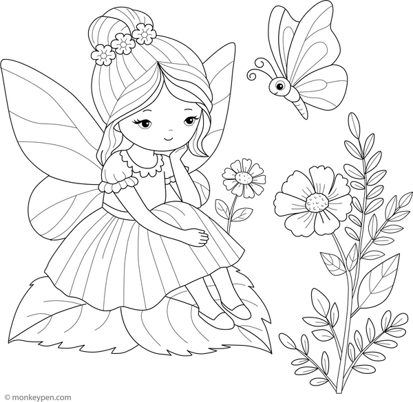 Fairy and Butterfly Coloring Page