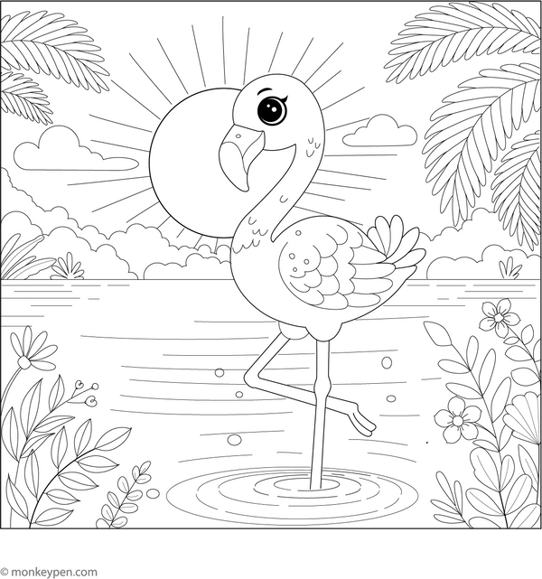 Flamingo at Sunset Coloring Page