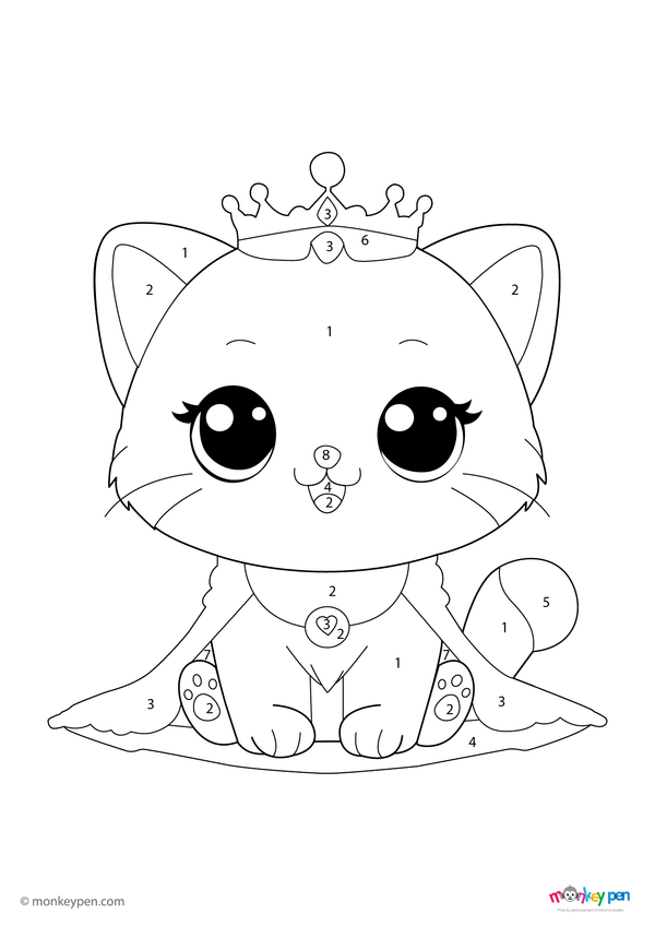 Color by number page showing a cute kitten with big eyes and soft features, designed for preschoolers to enjoy coloring while learning numbers. A fun, free downloadable PDF that supports early learning and creativity.