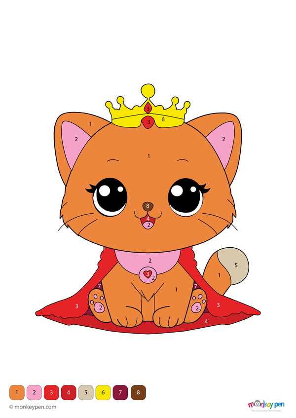 Color by number page showing a cute kitten with big eyes and soft features, designed for preschoolers to enjoy coloring while learning numbers. A fun, free downloadable PDF that supports early learning and creativity.