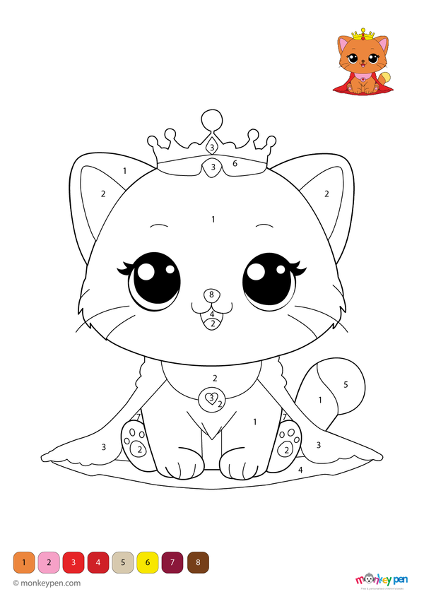 Color by number page showing a cute kitten with big eyes and soft features, designed for preschoolers to enjoy coloring while learning numbers. A fun, free downloadable PDF that supports early learning and creativity.