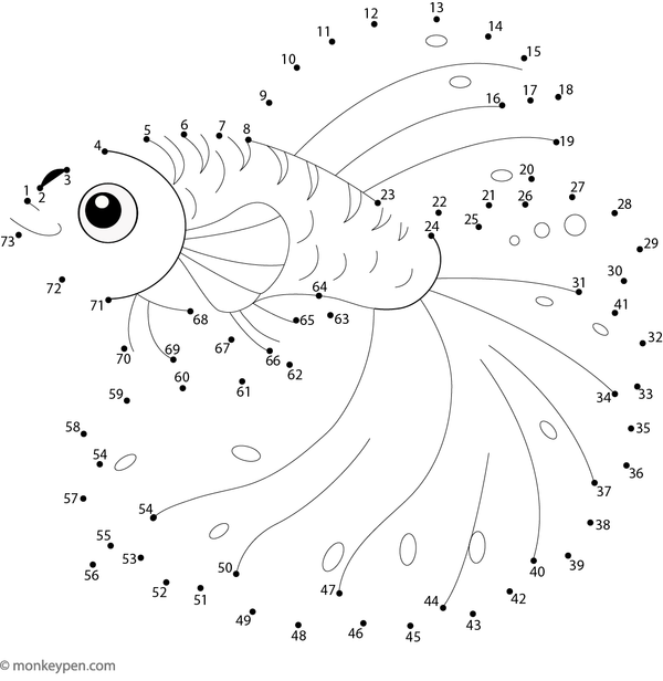 Dot-to-dot printable activity of a cute guppy fish for kids to connect the dots and colour, a fun and educational ocean-themed page.