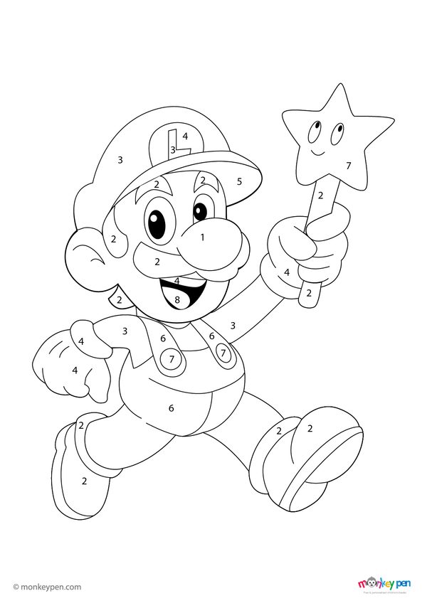 Color by number activity featuring Luigi in his green hat and blue overalls. A fun, engaging free download that helps children practice number recognition and color matching while celebrating a classic video game character.