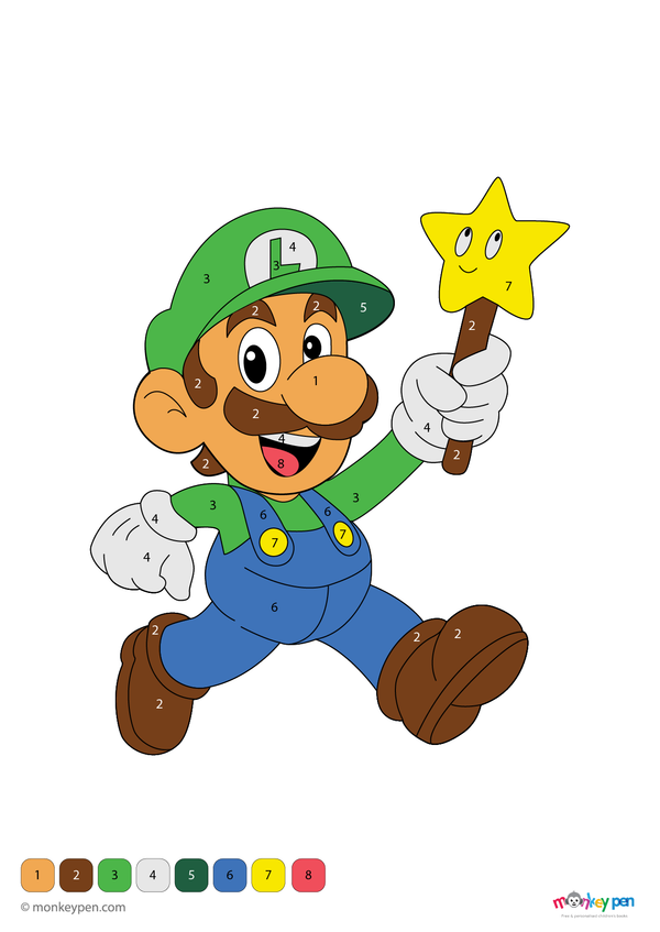 Color by number activity featuring Luigi in his green hat and blue overalls. A fun, engaging free download that helps children practice number recognition and color matching while celebrating a classic video game character.