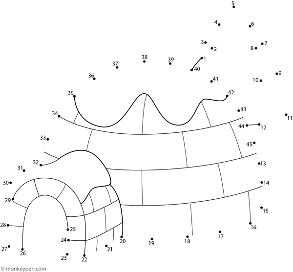 Children's dot-to-dot worksheet of a cartoon igloo to connect and color.
